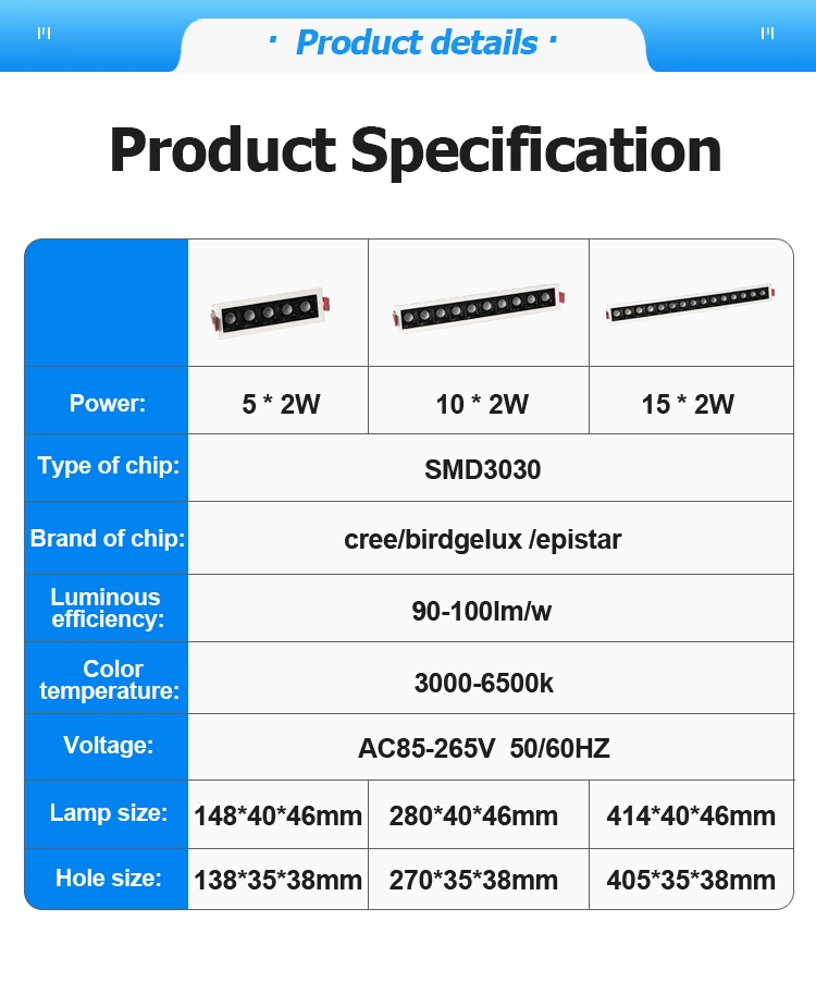 Modern Design 10W 20W 30W Ceiling Recessed Office Lighting LED Linear Downlight